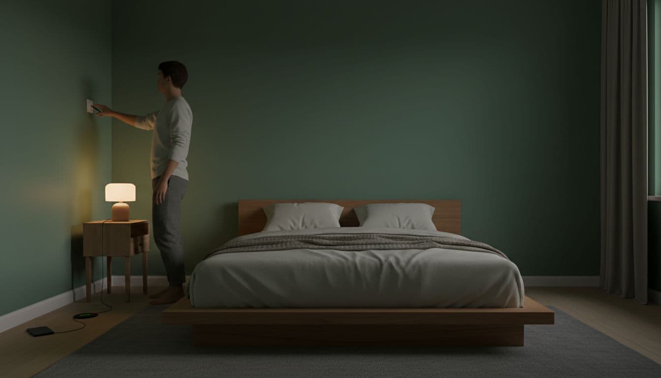 In a serene West Bloomfield MI bedroom at night, one person stands relaxed near the bedside table, turning off the bright overhead light to embrace the soft lamp glow, with no screens visible and a clutter-free space in earthy tones.