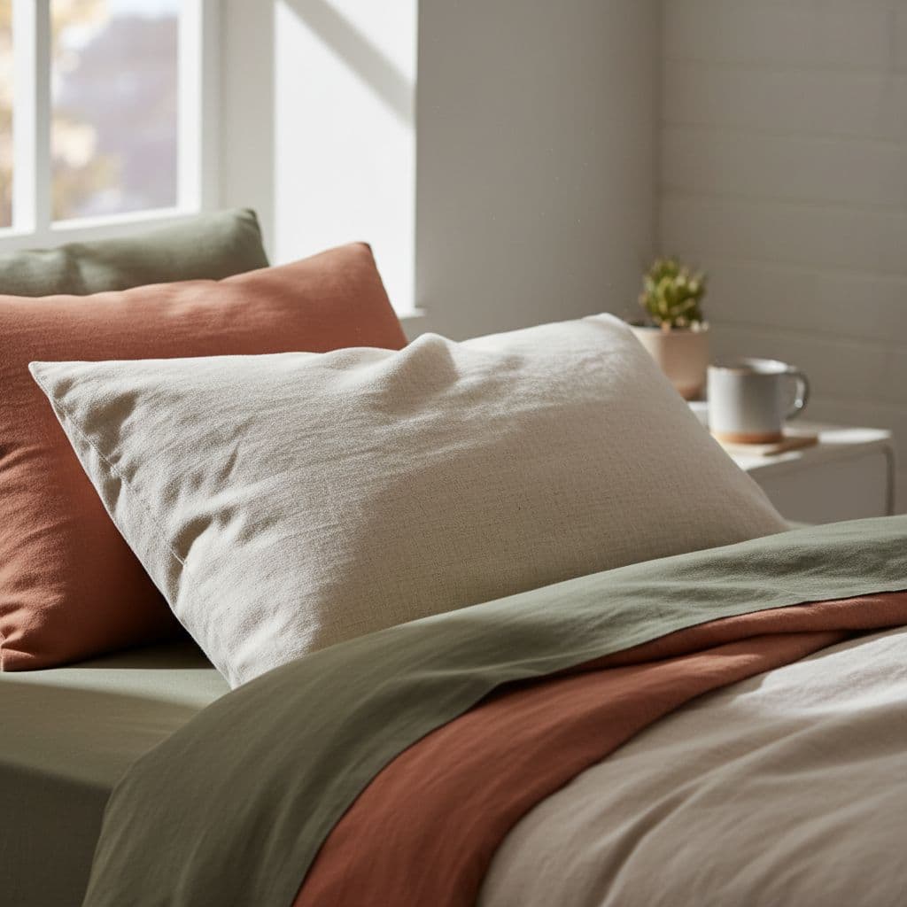 A single linen pillow rests on a neatly made bed bathed in soft morning light.