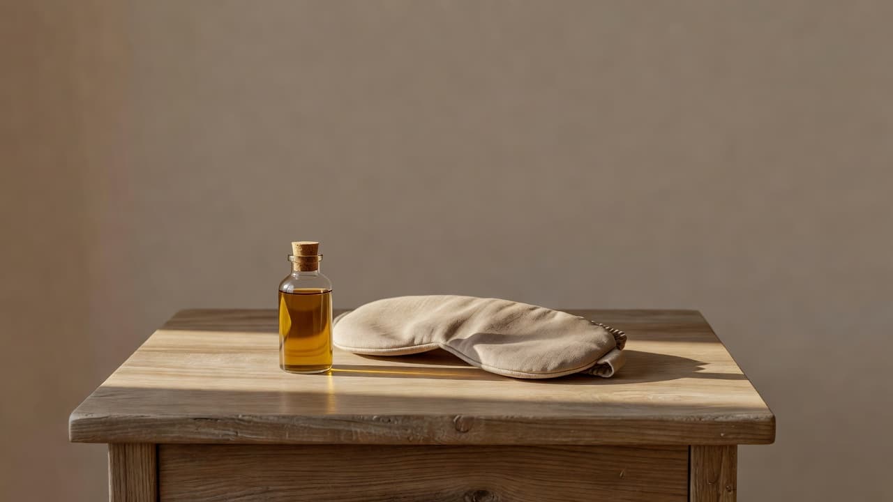 A small glass bottle sits beside a folded linen sleep mask on a smooth wooden nightstand. Warm afternoon sunlight creates soft highlights across the clean, uncluttered surface of the bedside table.