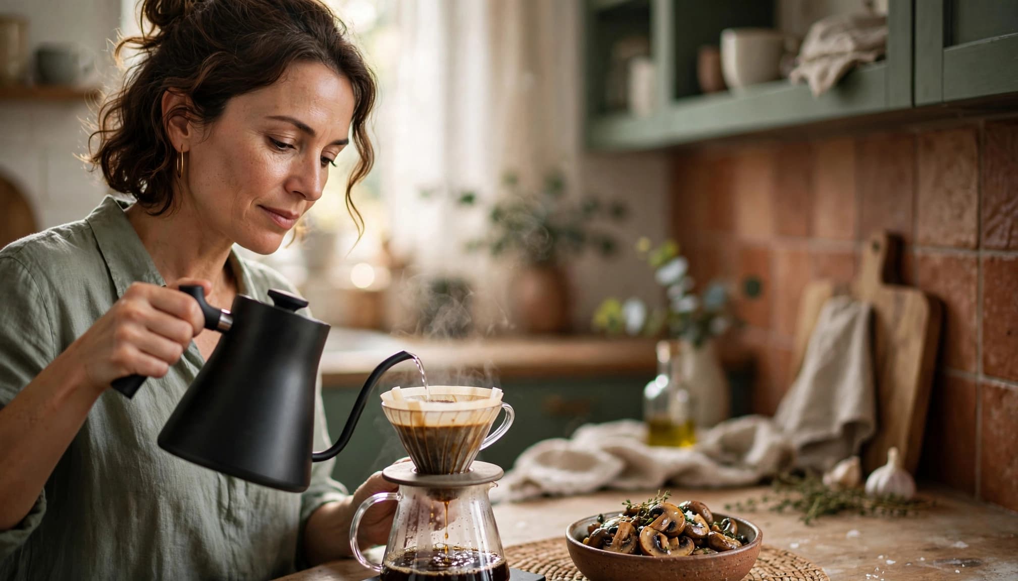 A woman in her 40s pours hot water from a kettle into a pour-over coffee maker in a cozy kitchen.