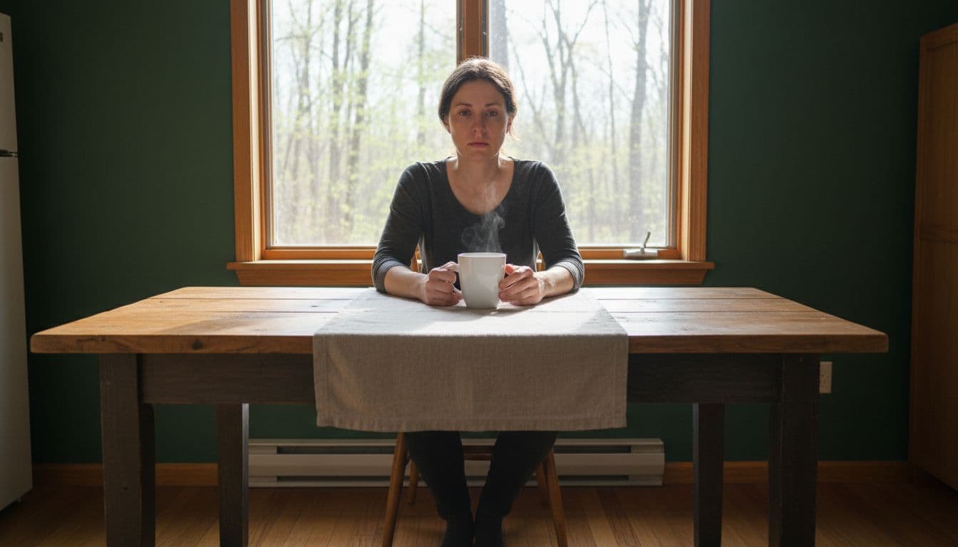 A single person sits tiredly at a wooden breakfast table in a cozy kitchen, morning sunlight streaming through the window highlighting spring buds in Michigan woods outside. Heavy eyes and an untouched cup of coffee illustrate exhaustion from insufficient deep sleep, in earthy tones with minimalist composition.