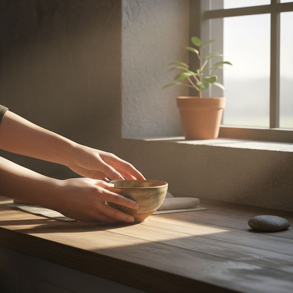 A person places an earth-toned ceramic bowl onto a weathered wooden kitchen counter. Soft morning sunlight streams through the nearby window, highlighting natural stone surfaces and the simple, minimalist home environment.