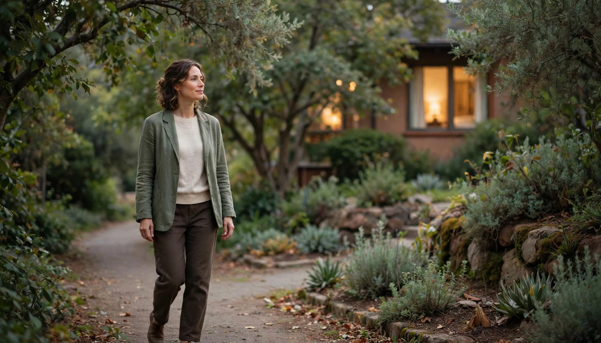 An adult woman takes a morning walk on a leafy garden path near a home.