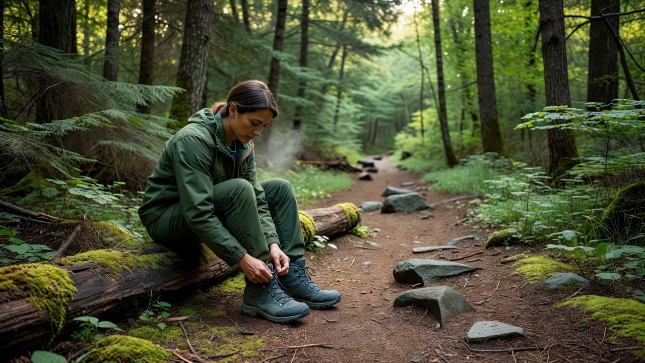 A hiker sits on a fallen log along a forest trail, securing the laces of their sturdy boots. Earthy green foliage and slate-colored stones surround the quiet path in Michigan.