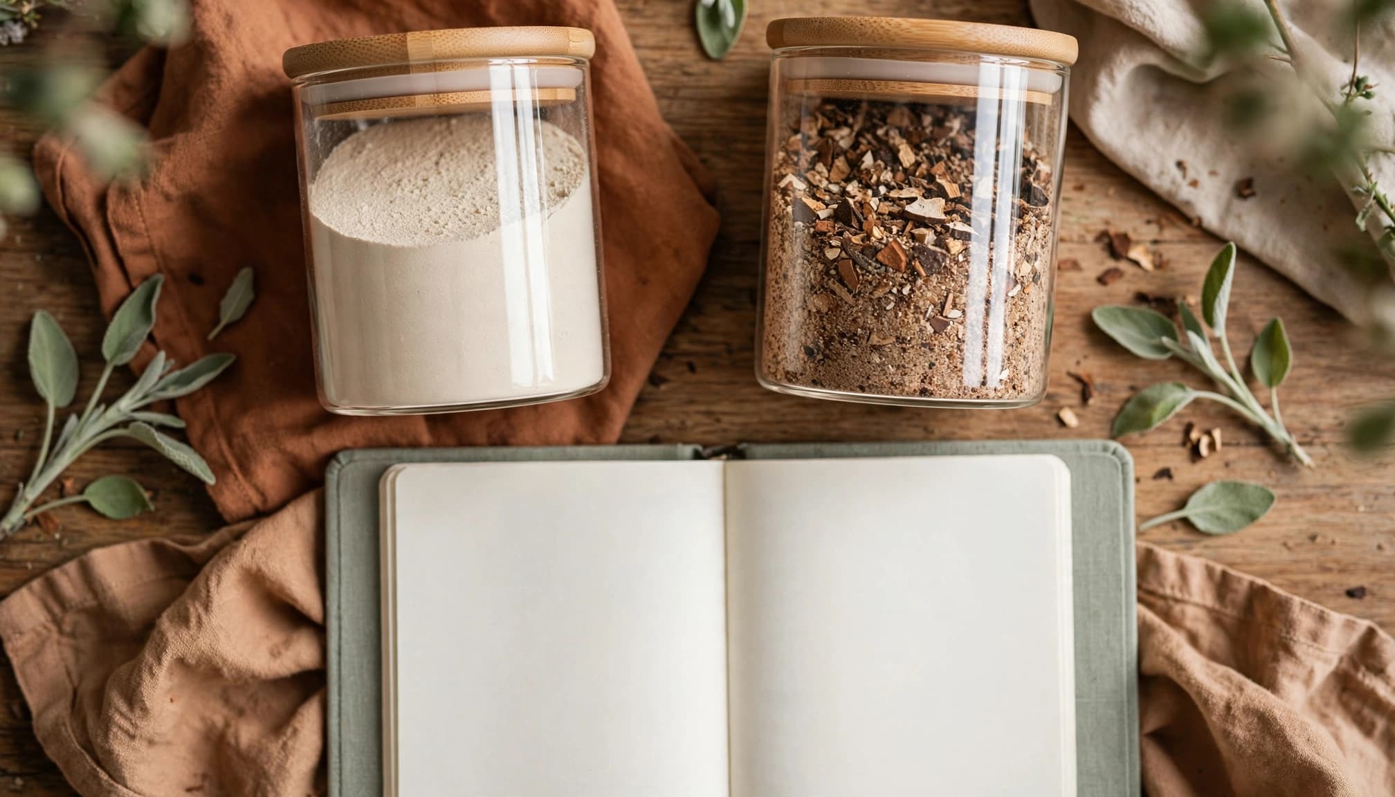 Two glass jars of mushroom powder and dried pieces sit beside an open planner on a wooden table.