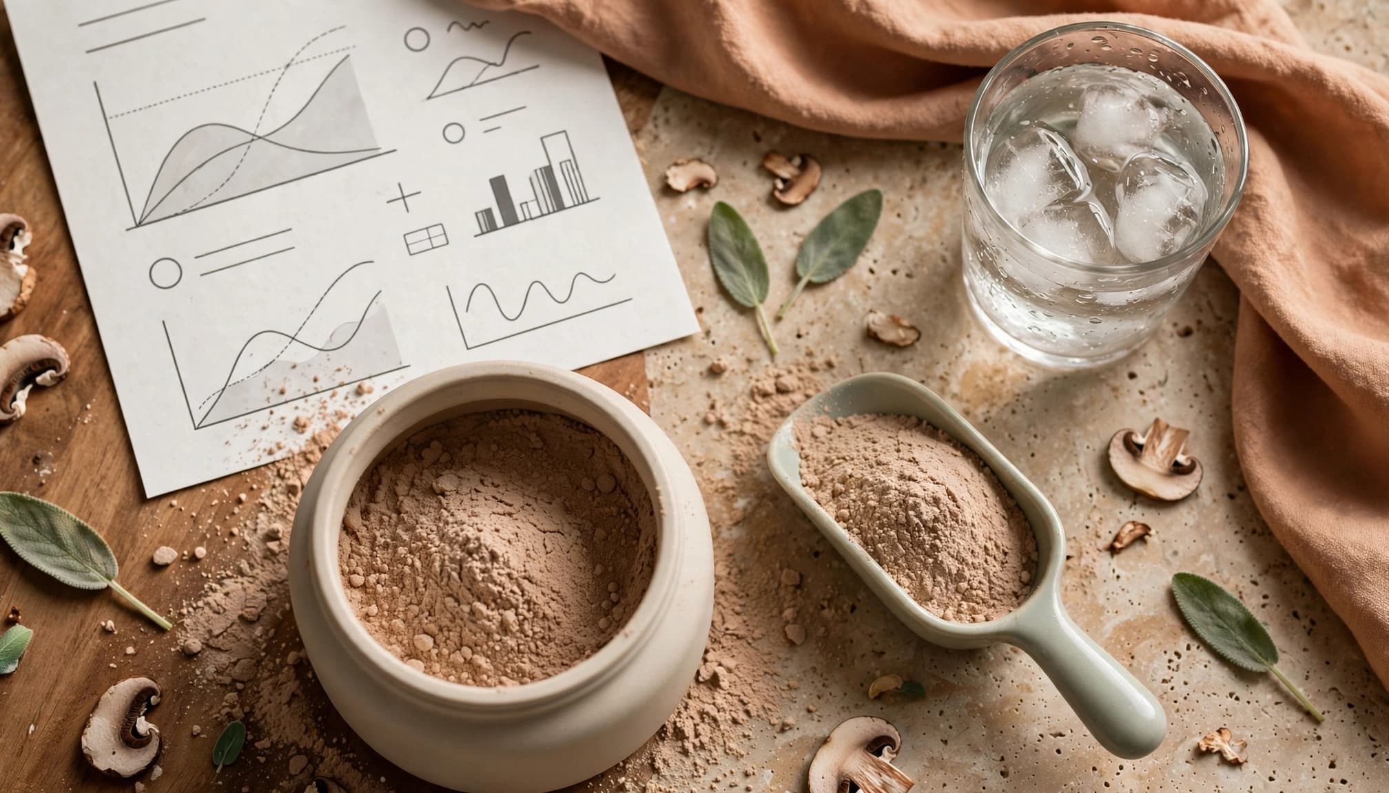 A flat lay of mushroom powder, a scoop, a glass of water, and an abstract report.
