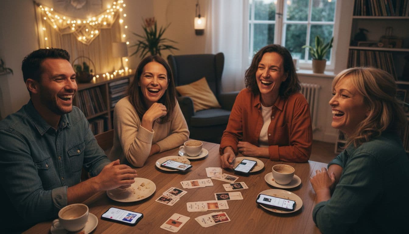 Four adults in their 30s and 40s smile and laugh during a casual music trivia night at a cozy home cafe table, with board game cards and phones showing music apps under warm string lights.