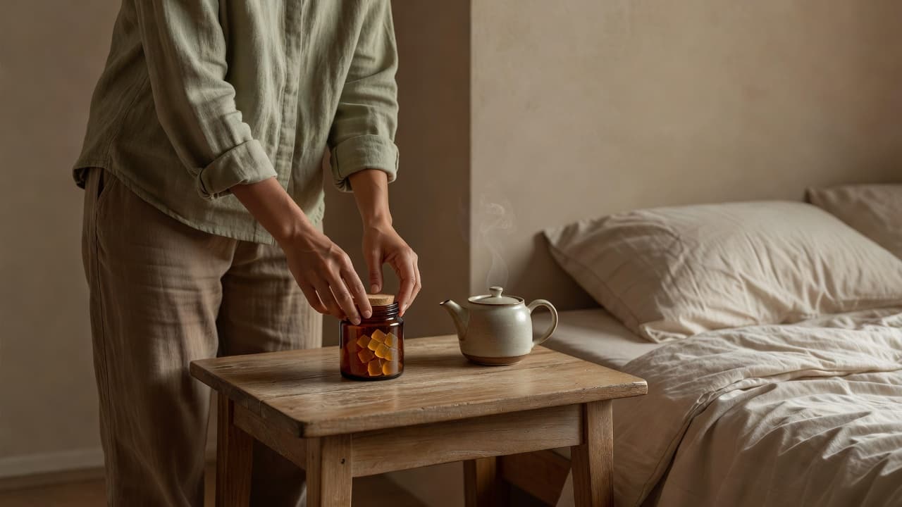 A person places a small wellness item on a rustic wooden side table next to an unmade bed. The room features soft evening light and earthy tones for a calm atmosphere.