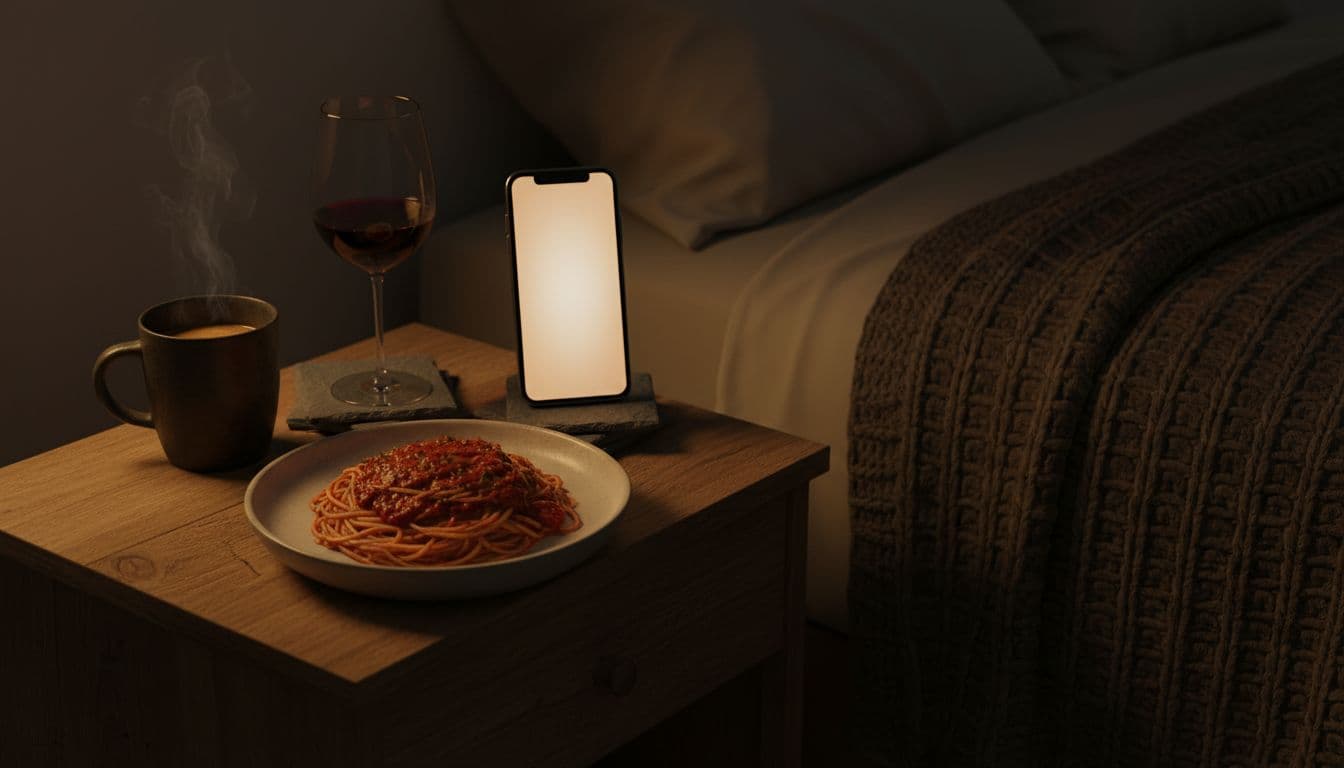 Minimalist still life on wooden nightstand in dimly lit bedroom with lit smartphone, steaming coffee mug, half-full red wine glass, and plate of heavy pasta in warm amber lighting and earthy tones.
