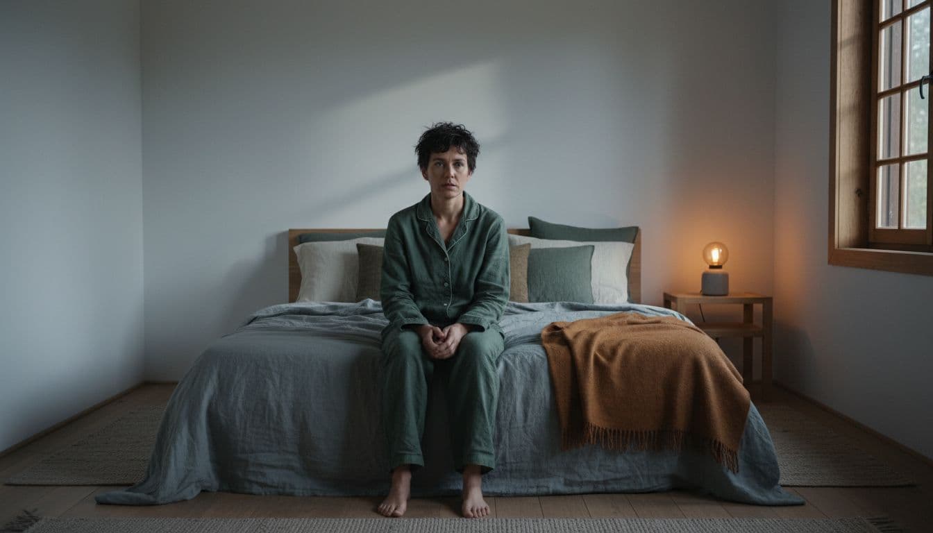 Blood sugar sleep wakeup in a cozy bedroom, showing a person sitting up alert in the night, Calmly Rooted West Bloomfield MI.