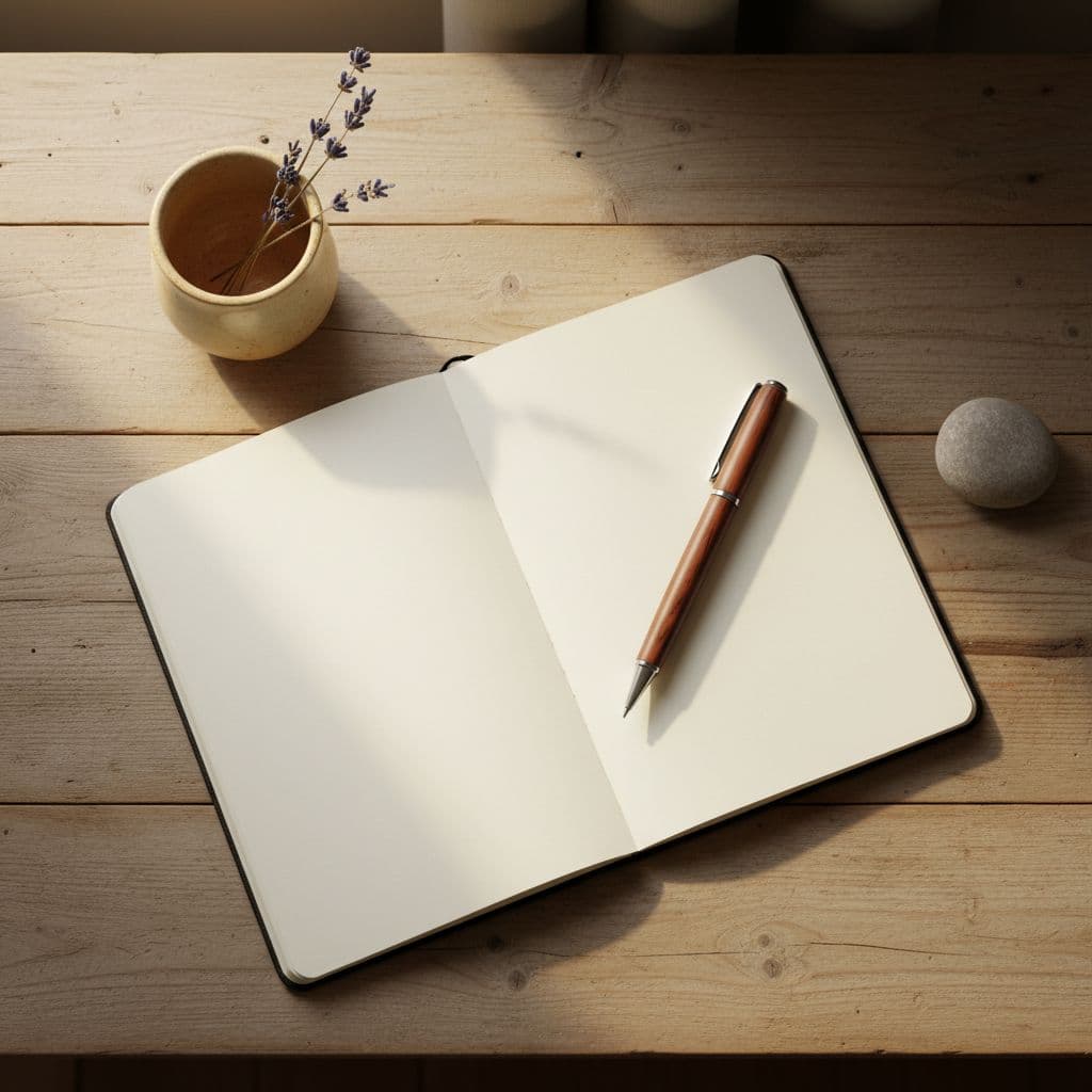 Simple notebook and pen on wooden bedside table with soft lighting.