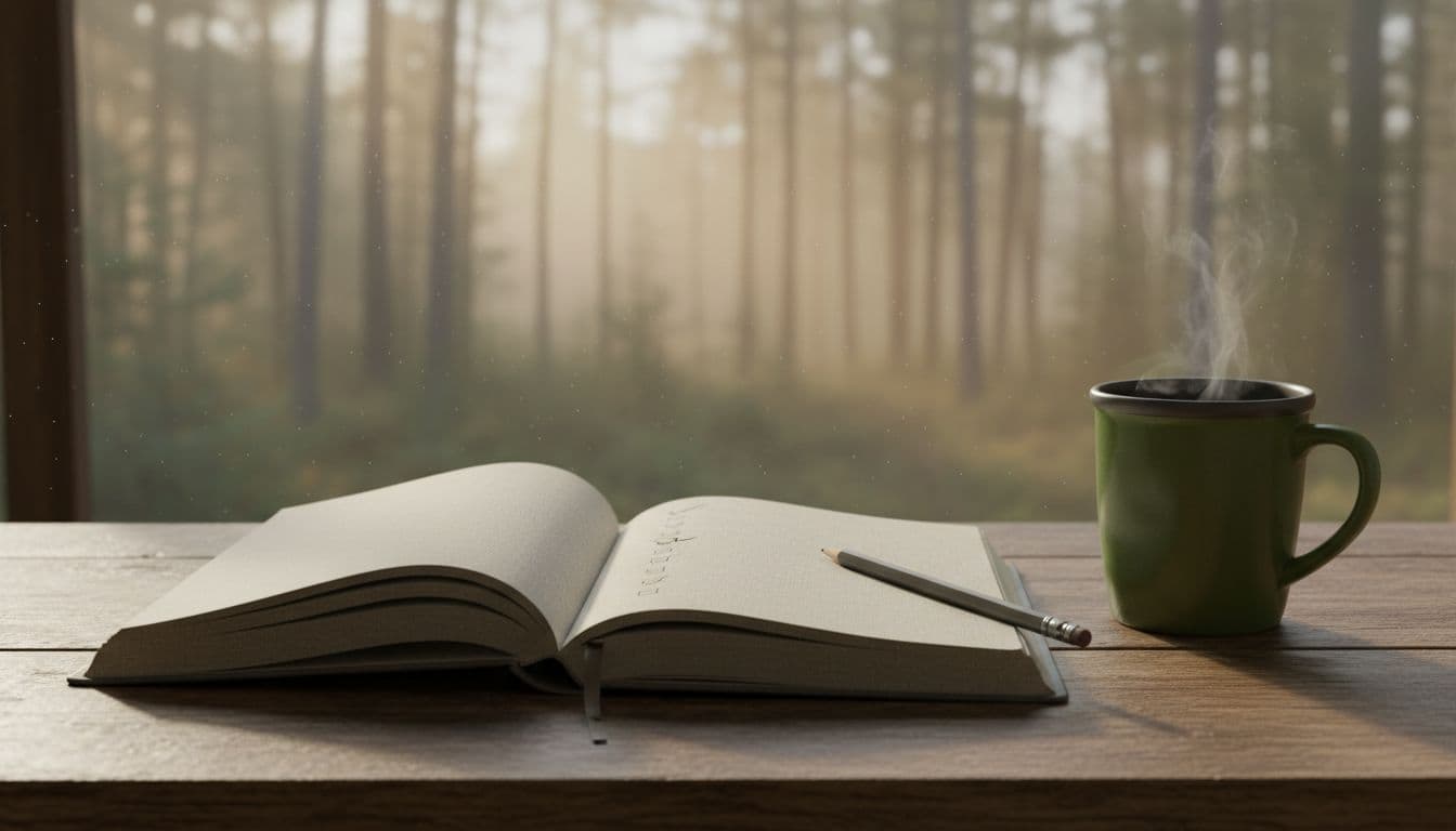 Open linen journal with sketched checkboxes on rustic wooden table, pencil and steaming mug nearby, morning light from window to misty woods.
