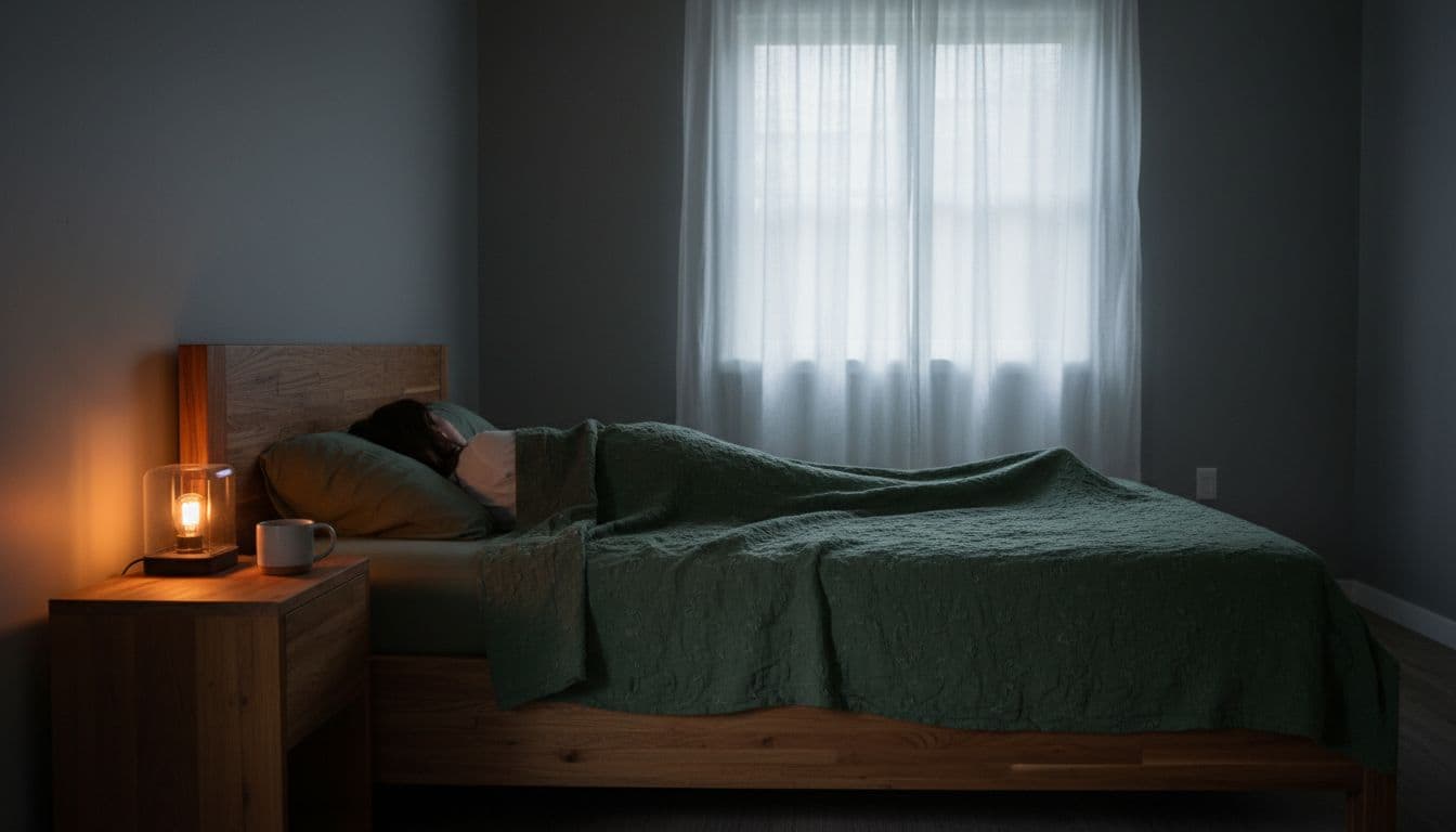 Person lying peacefully in a cozy wooden bed frame with soft moonlight through sheer curtains in a simple bedroom, forest green blanket, wooden nightstand with ceramic mug, minimalist earthy tones evoking restorative sleep.