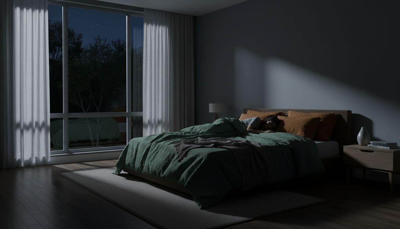 Peaceful nighttime bedroom scene in West Bloomfield, MI, with a silhouette figure sleeping under a forest green blanket, moonlight through sheer curtains revealing dark Michigan woods, minimalist earthy tones.
