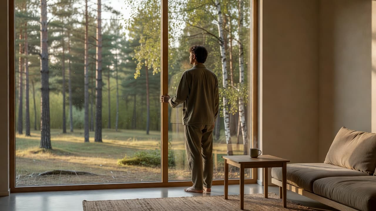 A silhouette of a calm individual stands before a large window overlooking a serene forest. The morning light fills the minimalist room with soft earth tones to suggest a restful start.