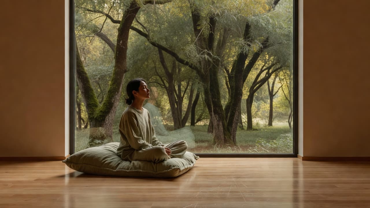 A person sits comfortably upon a plush floor cushion next to a sunlit window. Outside the glass, lush green trees provide a serene backdrop for this quiet moment of peaceful introspection.