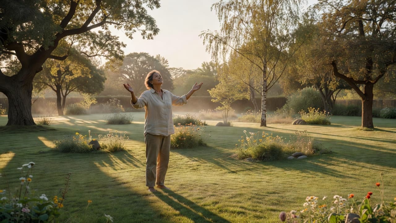 A person in casual home attire stands in a lush garden with their arms gently outstretched. Soft golden light illuminates the serene outdoor space, highlighting the warm earthy tones of nature.