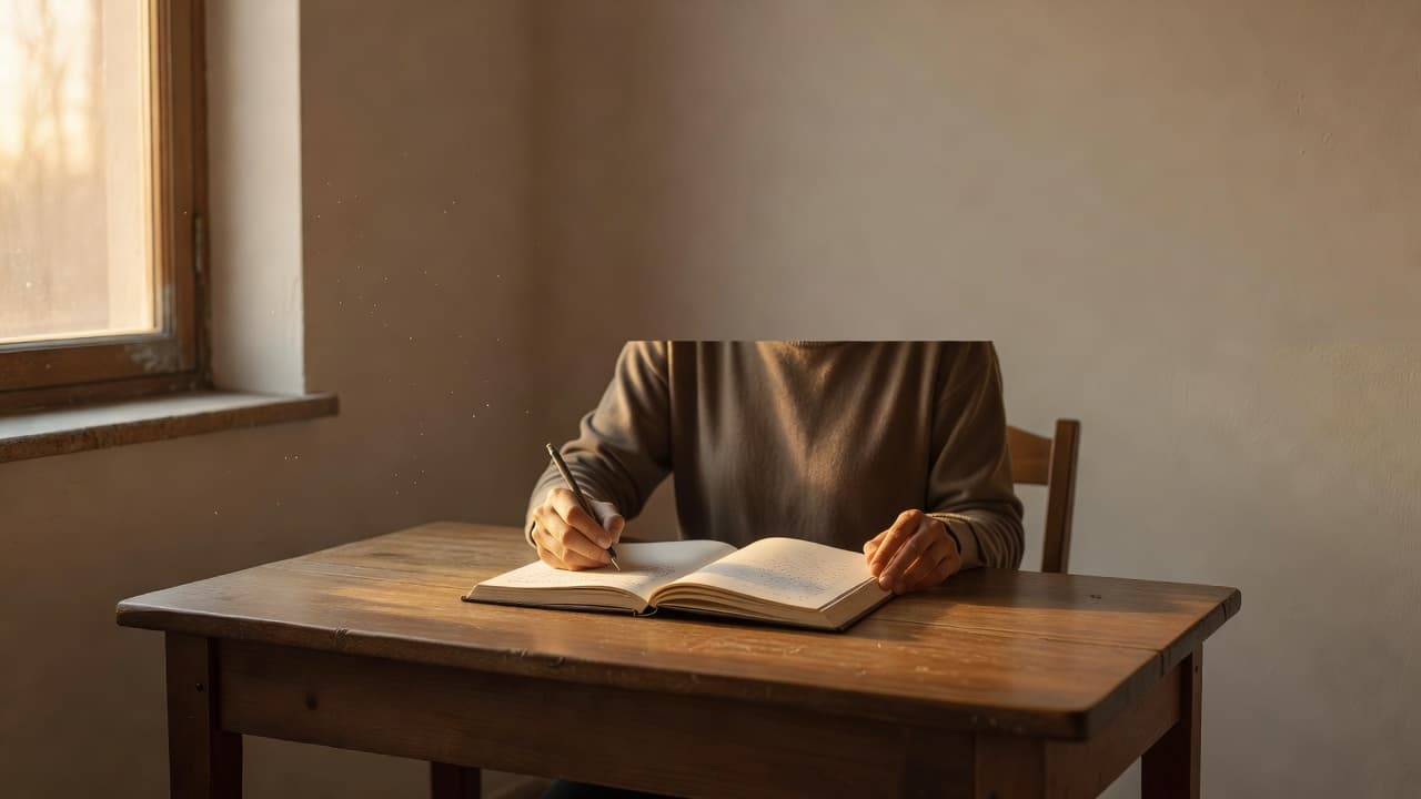 A person sits at a rustic wooden desk, illuminated by soft golden light from a nearby window. They are captured writing in a paper notebook, creating a peaceful and quiet atmosphere.