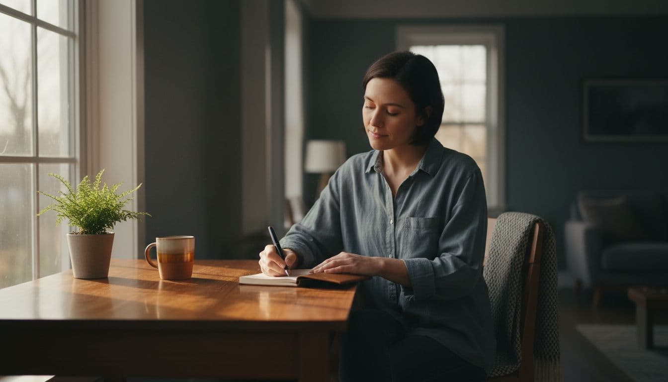 Person sits at wooden desk near large window, writing in notebook with soft morning sunlight, plant and coffee mug nearby.