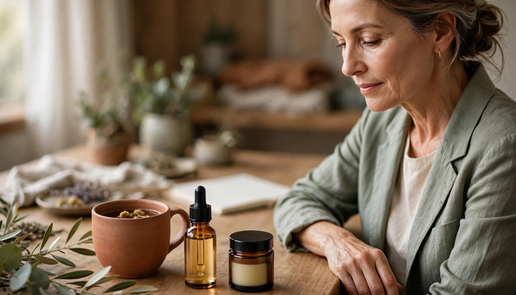 A professional comparing two CBD products on a wooden table in a warm home office.