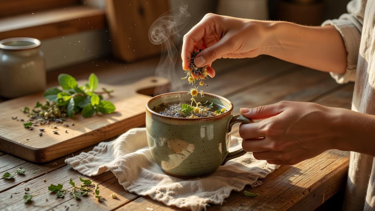 Hands gently pour steaming water into a textured ceramic mug set atop a rustic wooden counter. A soft linen cloth sits nearby under warm, golden sunlight filtering through the kitchen.