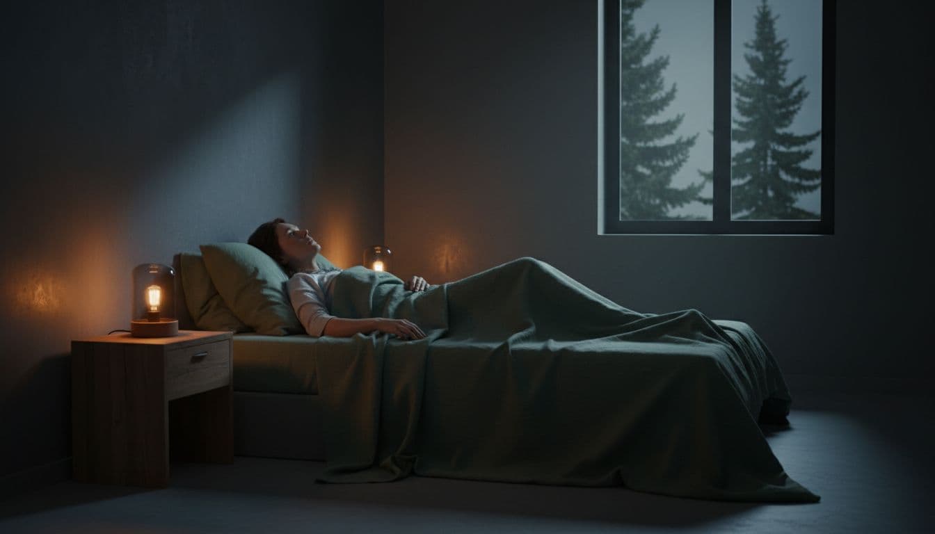 A mid-30s professional woman lies awake in bed at night, eyes open staring at the ceiling in a minimalist cozy bedroom with forest green sheets, warm amber lamp glow, and soft moonlight through the window in earthy tones. The image illustrates soul tiredness in a wired but tired professional, with plenty of negative space and no clutter.