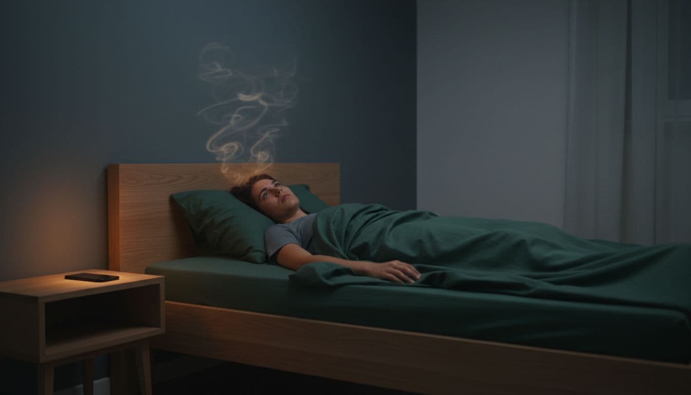 Person lying awake in a dimly lit cozy bedroom on a simple wooden bed, staring at the ceiling with a worried expression, subtle swirling patterns above head implying racing thoughts, faint smartphone glow on nightstand.