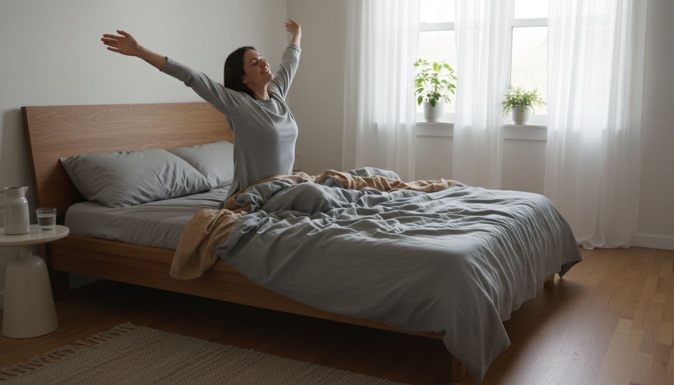 One person awakening refreshed in bed, stretching arms with a serene smile as morning light filters through sheer curtains onto rumpled organic sheets in a minimalist bedroom.