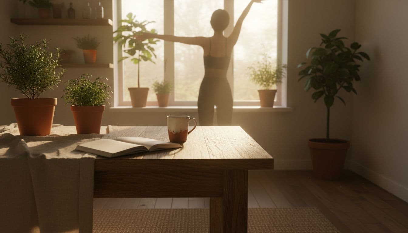Sunlight filters through the window onto a wooden table with an empty coffee mug and notebook in a serene West Bloomfield MI kitchen, with fresh plants and a refreshed silhouette stretching arms. Earthy tones and minimalist composition evoke a clear-headed morning post blue light detox.