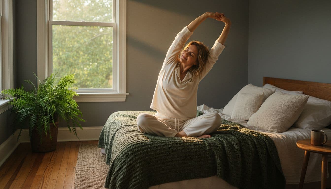 One person sits on the edge of a bed in soft morning light, stretching arms overhead feeling refreshed in a simple minimalist bedroom with slate gray walls, warm wood floor, potted fern on windowsill overlooking trees, earthy tones and natural textures.