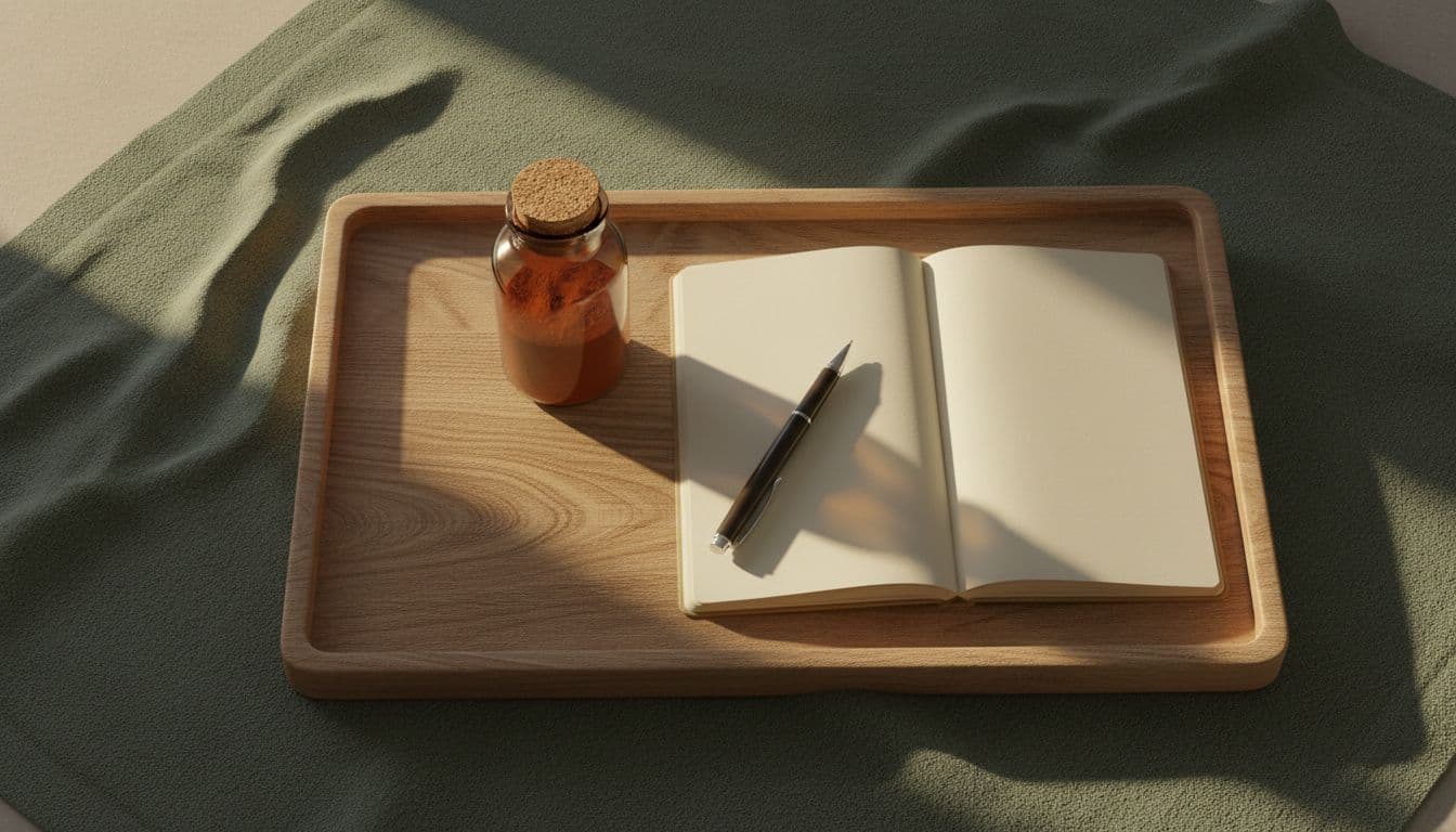 Simple wooden tray on linen cloth in soft morning light holds a small reishi supplement bottle with cork lid and open journal with pen, featuring earthy textures and minimalist composition with negative space.