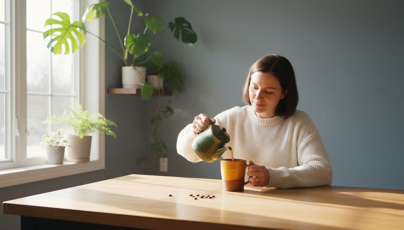 Relaxed adult in a cozy West Bloomfield MI kitchen on a bright morning after good sleep, clear-eyed and focused while pouring coffee from a ceramic pot into a mug on a wooden table with natural sunlight and minimalist decor.