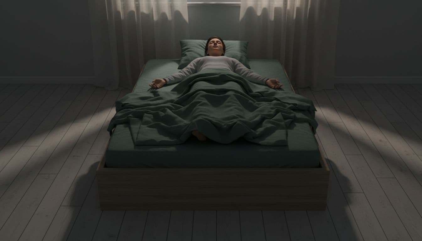A single person lies awake in a simple wooden bed with forest green linen sheets, dim moonlight filtering through sheer curtains, eyes open staring at the ceiling, minimalist composition with soft earthy tones.