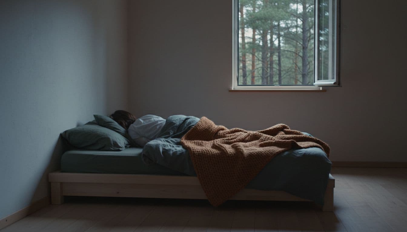 Person lies awake from back in simple bed at night, moonlight through window shows pine forest silhouette, rumpled sheets.