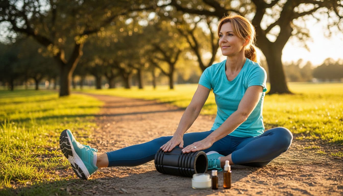 Fit middle-aged runner in athletic wear stretches one calf using a black foam roller on a sunny park trail during golden hour sunset, with a small glass jar of balm and roll-on bottle nearby on the grass.