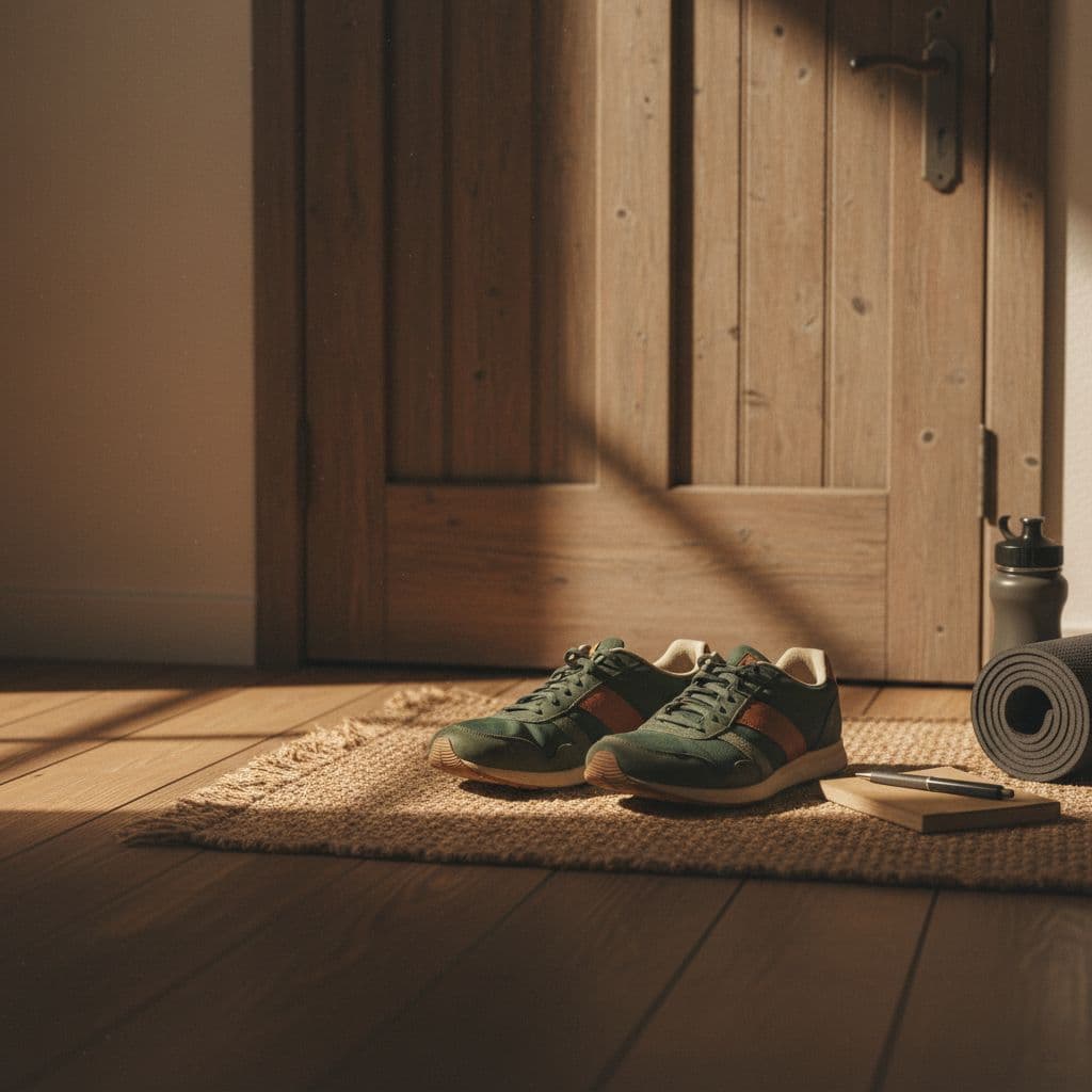 A pair of athletic running shoes sits on the floor beside a rustic wooden door in soft morning light.
