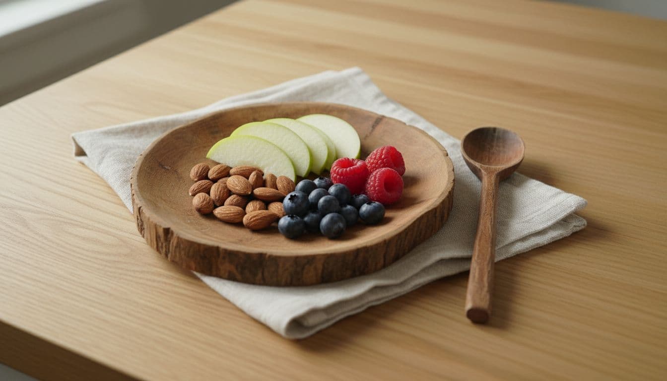 Balanced evening snack for blood sugar sleep with almonds, berries, and apple slices, Calmly Rooted West Bloomfield MI.