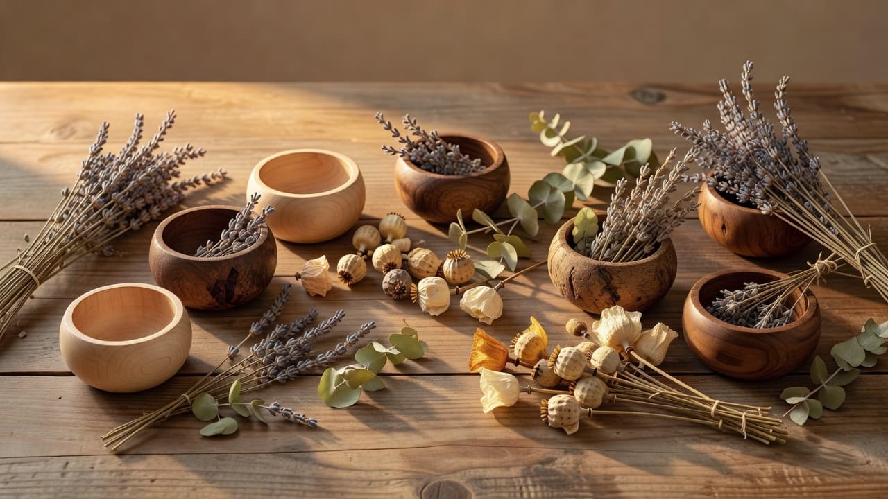 Natural wooden containers and dried botanicals rest on a weathered rustic tabletop. The soft, amber-toned lighting highlights the raw textures of the wood and plants, creating a calm and earthy aesthetic.