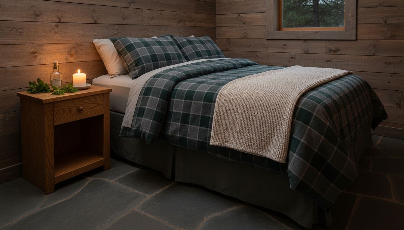 Simple evening corner of a rustic West Bloomfield MI cabin bedroom features a neatly made bed with soft flannel sheets and a wooden nightstand holding a glass dropper bottle, fresh mint leaves, and a flickering candle.