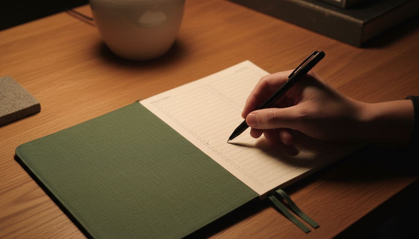 Warm wooden desk in a rustic cabin-style room at evening with one hand resting a pen on an open notebook checklist page, soft amber lamplight casting gentle shadows, minimalist earthy tones.
