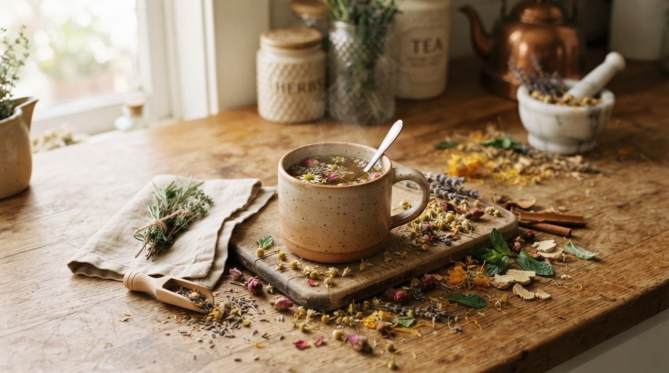 Ceramic herbal tea mug with dried botanicals on a warm wooden counter.