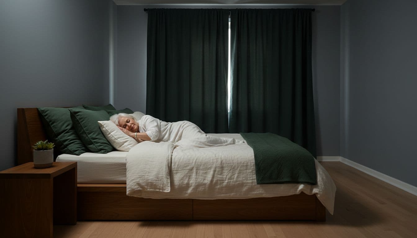 An older adult woman sleeps peacefully at night in a serene minimalist bedroom with slate gray walls, wooden bed, forest green accents, and earthy tones.