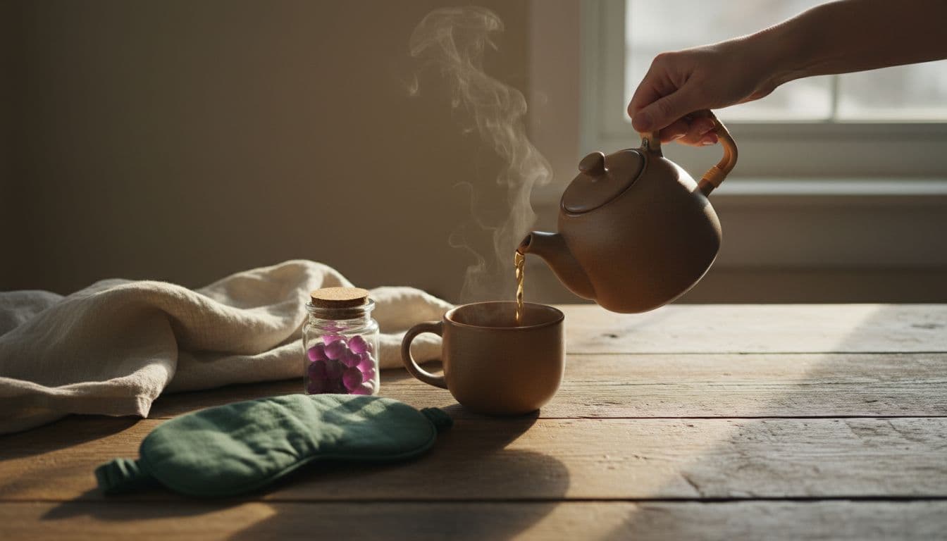 Serene evening still life on a wood table featuring a hand pouring steaming herbal tea from a brown ceramic teapot into a matching mug, beside an organic cotton sleep mask and jar of sleep gummies, with linen cloth in fading natural window light and soft amber tones.