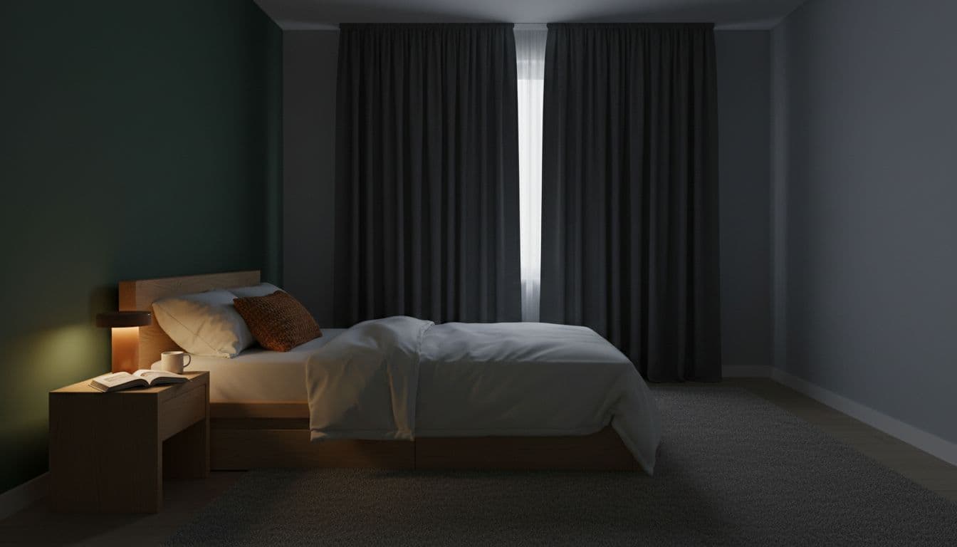 A serene, uncluttered minimalist bedroom at night optimized for sleep hygiene, with a neatly made bed, simple wooden nightstand holding an open book and empty tea mug, blackout curtains drawn, and soft glow from a bedside lamp.