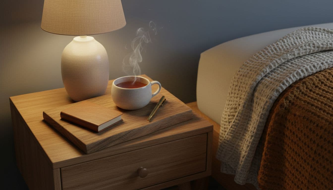 Calm bedside nightstand in earthy tones with steaming chamomile tea, journal, pen, folded blanket, and soft lamp light, creating a minimalist serene atmosphere for evening wind-down.