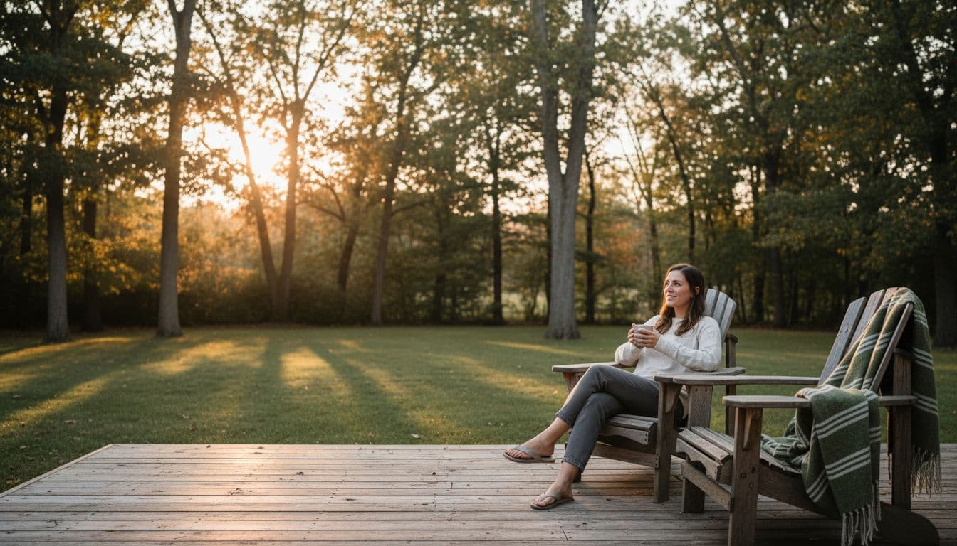 A refreshed person sits on a wooden porch chair in a West Bloomfield MI backyard, holding a mug of tea with soft sunrise light filtering through trees and a linen blanket nearby.