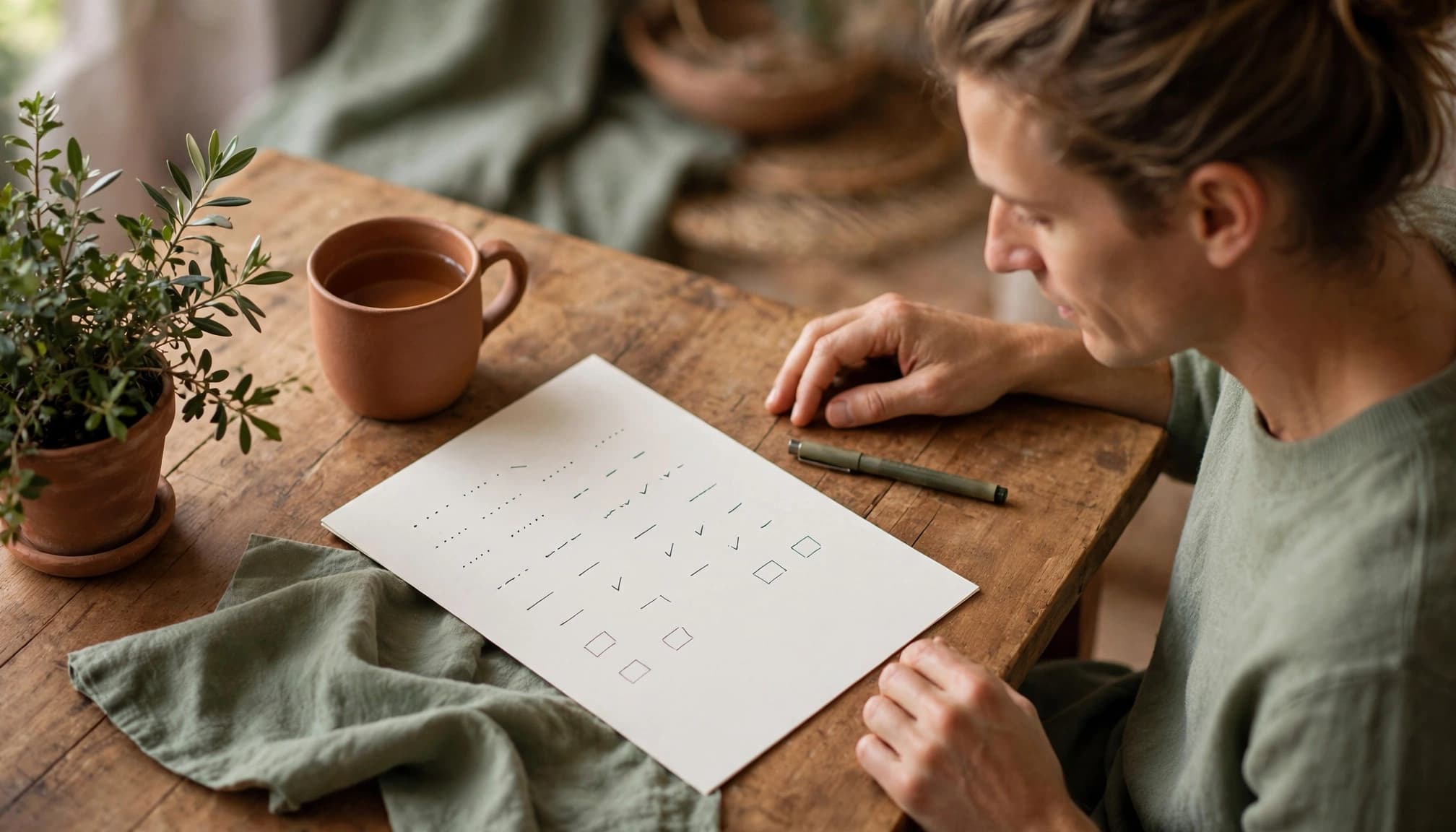 An adult reviews a sleep log at a wooden table beside a mug and leafy plant.