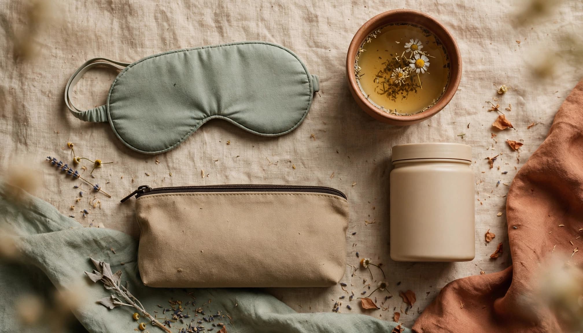 Flat lay of a sleep mask, tea cup, supplement jar, and pouch on linen.