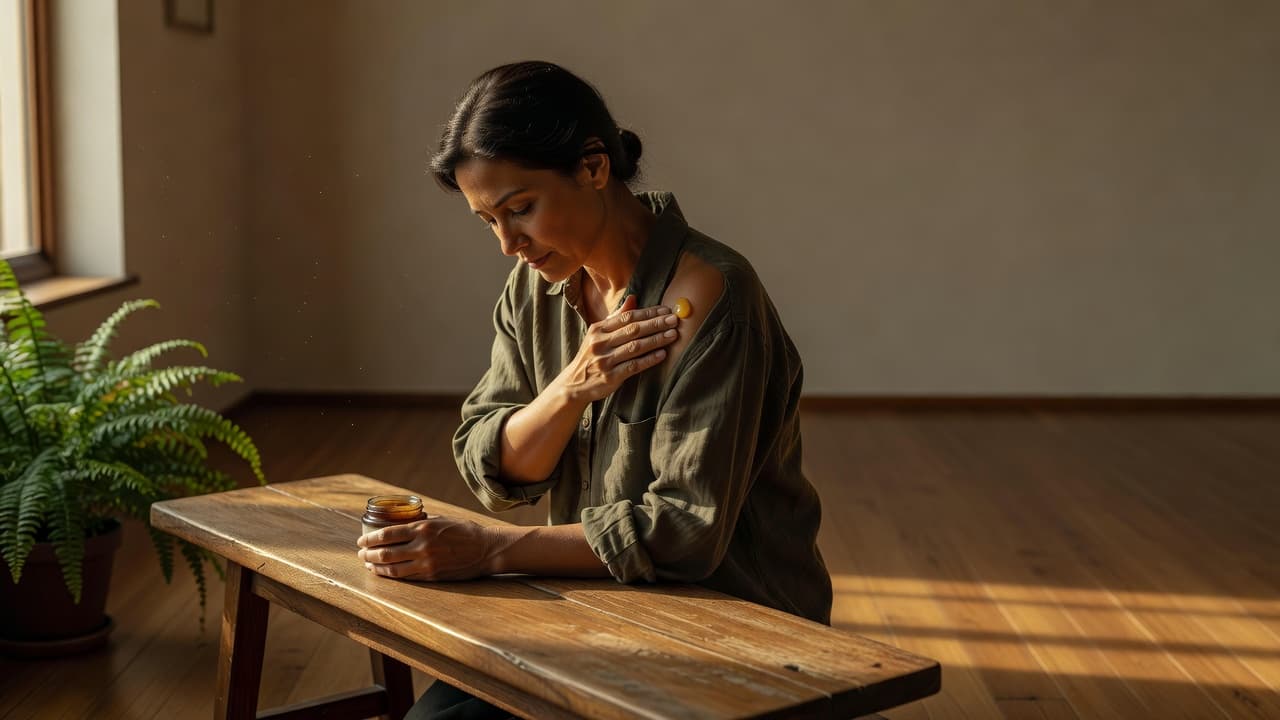 A person applies topical balm to their shoulder while sitting on a wooden bench in a sunlit room.