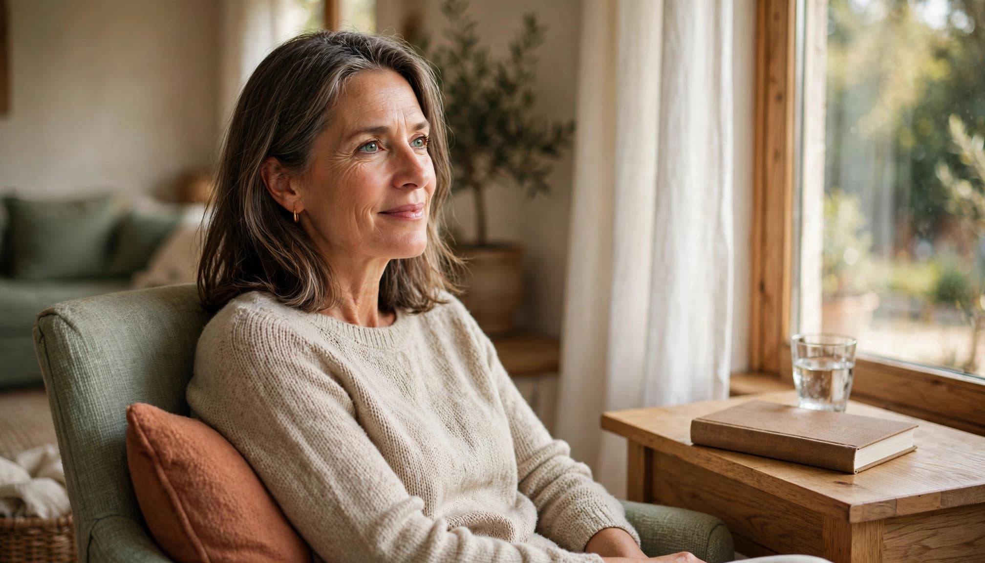 An older adult sits by a sunny window with a closed book and water nearby.